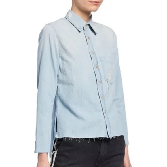 MOTHER The Foxy Distressed Denim Shirt - Picture 1 of 6